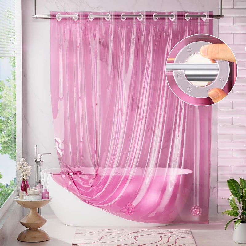 AmazerBath No Hook Shower Curtain and Liner 3-in-1, 8G Luxury Heavy Duty Clear Hot Pink No Hook Shower Curtain Liner, 72x75 Cute EVA Bathroom Weighted Plastic Shower Curtain with 3 Heavyweight Stones - Image 1